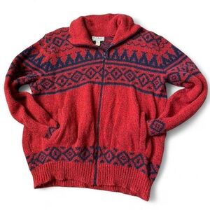 Vtg 80s L.L. Bean Wool Zip Up Sweater Jacket Printed Grandmacore Collared Size L
